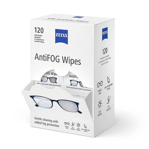 ZEISS AntiFOG Wipes box, 120 count, front view; white package with blue ZEISS logo and glasses illustration.