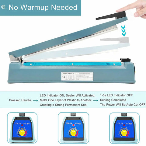 12 Inch 5mm Impulse Heat Sealer Machine With Replacement Parts Bundle, 110V Pro Grade Bag Sealer open with handle pressed