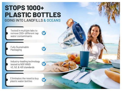 Woman pouring water from a Pure Water Pitcher using Replacement Water Filter For Pure Water Pitcher That Removes Fluoride, Lead, PFAS, Heavy Metals, Chlorine, Microplastics, And Other Pollutants, Delivers Clean, Crisp, Great Tasting Water For 150 Gallons on a table set with food by the beach.