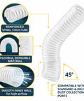 Heavy Duty Four Inch PVC Dust Collection Hose With Killer Suction Power And Reinforced Wire Spiral For Zero Drama Kink Free Hookup In Auto Garages And Woodworking Benches Includes Four Quick Clamps, featuring a 45-degree bend.
