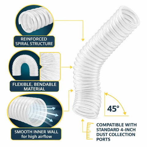 Heavy Duty Four Inch PVC Dust Collection Hose With Killer Suction Power And Reinforced Wire Spiral For Zero Drama Kink Free Hookup In Auto Garages And Woodworking Benches Includes Four Quick Clamps, featuring a 45-degree bend.