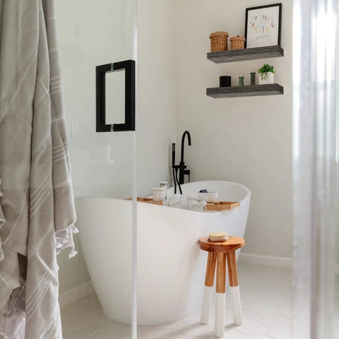 Bathroom with tub and Floating Wall Shelves Set Of 2 For Bathroom Over Toilet, 15.7 Inch Wide By 6.7 Inch Deep, Dope Farmhouse Gray MDF Shelves