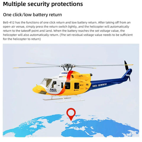 Bell-412 RC helicopter over map showing GPS and battery return functions