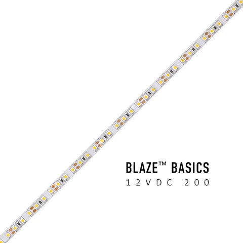 Lit 200 LED Tape Light Kit, 12V Warm White 3000K, 16.4 ft Roll, Dimmable, 221 Lumens Per Foot, close-up of LED strip detail.