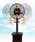 Heavy Duty Oscillating Misting Fan Delivers Smooth Cool Breezes While Quieting The Room with visible misting function and fan head.