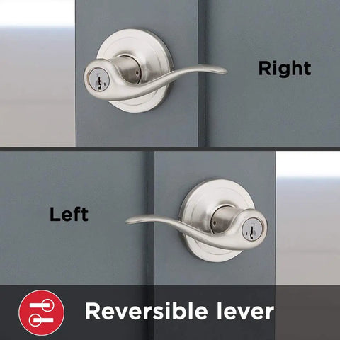 Rock Solid Entry Door Handle With Lock And Key Reversible Lever Satin Nickel Finish showing left and right configuration