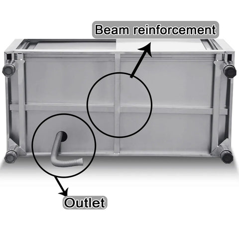 Top Shelf Heavy Duty Stainless Steel Kitchen Workbench With Integrated Sink And Smooth Sliding Cabinets showing beam reinforcement and sink outlet details.