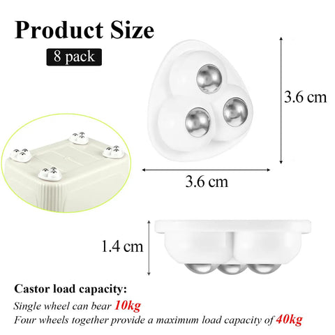 Set Of Eight Heavy Duty Self Adhesive Castor Wheels Providing Slick Three Sixty Degree Spin For Swift Diy Furniture Fixes product size details.