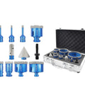 Huge 11 Piece Diamond Tile Hole Saw Kit With Chamfer Bit For Drilling Enlarging Milling Beveling And Shaping Ceramic Glass Hard Materials Fast, 11 blue diamond bits in case