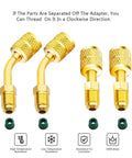R410A Adapter Five Sixteenth Inch SAE Female To Quarter Inch SAE Male Flare For Air Conditioners HVAC Two Pack, brass alloy, straight and angled.