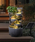 Solar Powered Water Fountain For Outdoors With LED Lights And DIY Planter Pot Waterfall Feature Cord Free Eco Friendly Garden Decor