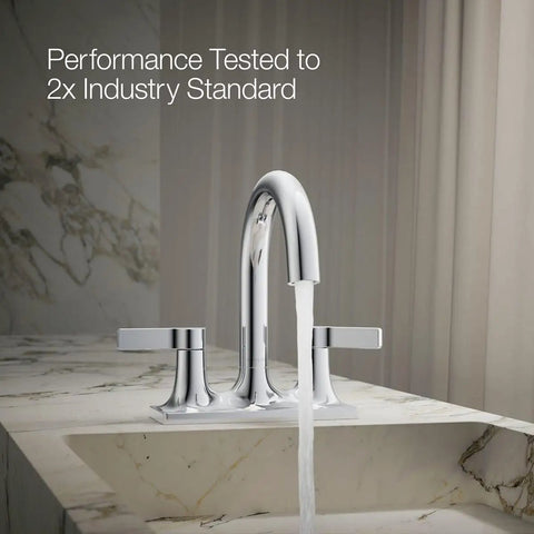 Venza Centerset Bathroom Faucet With Two Lever Handles, 3 Hole Sink Faucet, 5.5 Inch Spout Reach, Polished Chrome Finish, 0.5 GPM Water Saver At 60 PSI installed on marble countertop