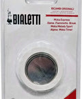 3 Cup Stovetop Espresso Maker Replacement Gasket And Filter Set with white rubber gaskets and stainless steel filter in packaging