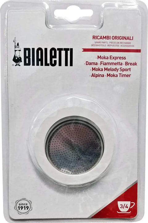 3 Cup Stovetop Espresso Maker Replacement Gasket And Filter Set with white rubber gaskets and stainless steel filter in packaging