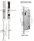 All In One Antitheft Door Lock With Waterproof Build And Fingerprint Password IC Card Mobile App Remote Unlock Key Backup 200 Fingerprints 100 Cards Tuya Compatible Aluminum Alloy Easy Install, showing dimensions and parts.