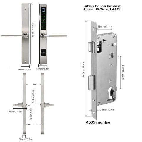 All In One Antitheft Door Lock With Waterproof Build And Fingerprint Password IC Card Mobile App Remote Unlock Key Backup 200 Fingerprints 100 Cards Tuya Compatible Aluminum Alloy Easy Install, showing dimensions and parts.