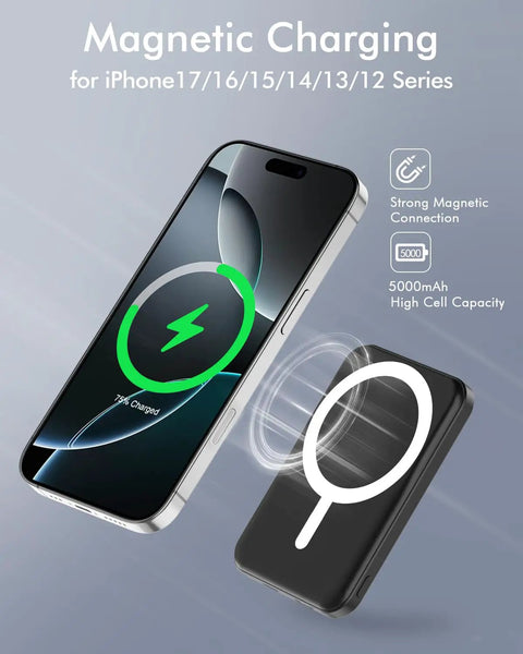 Image showing Ultra Slim Magnetic Power Bank With MagSafe 5000Mah Portable Charger in action with iPhone charging.