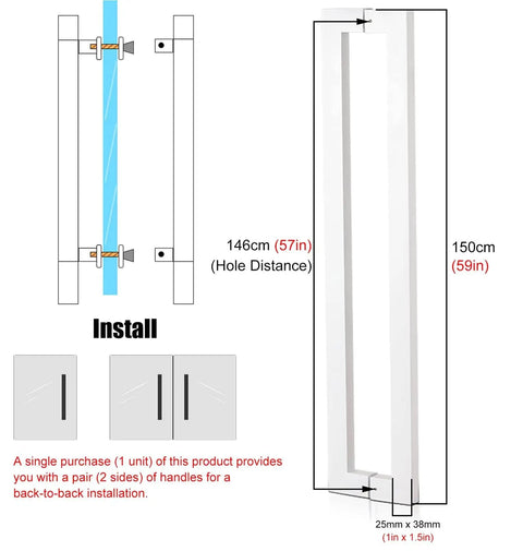 Diagram of Push Pull Barn Door Handle Set with install tools, heavy duty sliding hardware, white 150 cm, 59 in, durable stainless steel