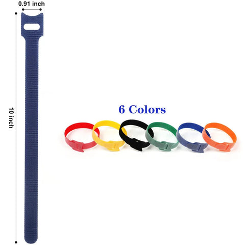Multicolor Nylon Fabric Cable Ties With Reusable Hook And Loop Fasteners, 102 Pcs, 10 Inch Length, Vibrant Yellow Orange Red Green Blue Black