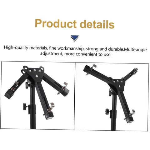 Professional Adjustable Snare Drum Stand and Portable Tripod Rack Built Tough for Indoor Sessions with Dope Stability and Sleek Black Finish for Badass Drummers, showing adjustable arms and sturdy materials.