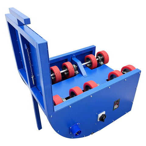 Heavy Duty Electric Drum Rotator Mixer With Variable Speed For Grease And Paint Smooth Operator Rotary Roller angle view, blue metal with red rollers.