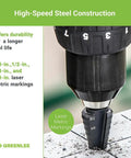 Seven Eighths Inch Step Bit Metal Cutter with Patented Split Step Design in drill chuck showing laser metric markings