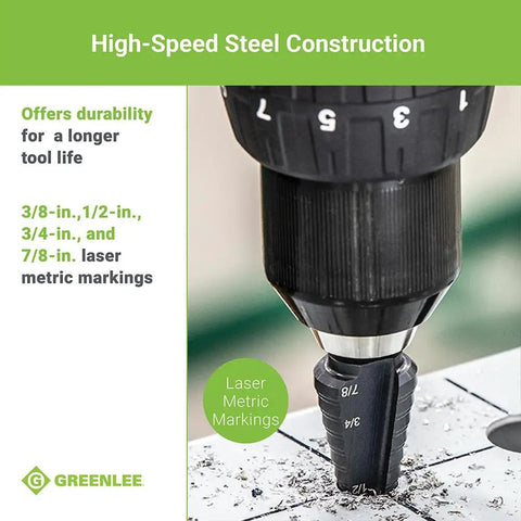 Seven Eighths Inch Step Bit Metal Cutter with Patented Split Step Design in drill chuck showing laser metric markings