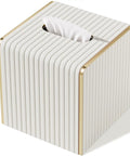 White Leather Tissue Box Cover With Gold Tone Edging, Modern Cube Vessel for Bathroom, Living Room or Office, large capacity