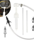 Lower Unit Gear Oil Pump For Marine Outboard Motors, Transmission Fluid Pump For Standard Quart Bottles, Includes Eight Millimeter And Ten Millimeter Adapters, Three Eighths Inch Metal Swivel, Eight CC Per Stroke, Fits Most Boats shown disassembled