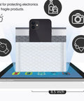 Bubble Mailers 8.5x12 Inch White Pack Of 25, Usable Inner 8.5x11, shown sealing a phone on a tablet, with icons