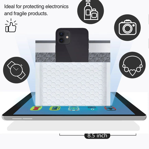 Bubble Mailers 8.5x12 Inch White Pack Of 25, Usable Inner 8.5x11, shown sealing a phone on a tablet, with icons