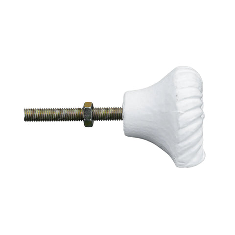 Side view of Six Pack Resin Beach Conch Cabinet Knob in Antique White Finish with 3D shell shape and metal screw.