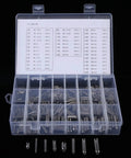 Heavy Duty Stainless Steel Spring Pins 280 Pack Set Sure Grip Tension Fasteners Rust Proof M6 M8 Sizes shown in storage box.