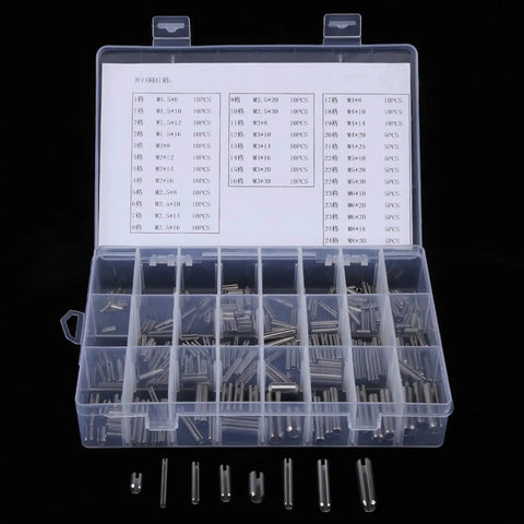 Heavy Duty Stainless Steel Spring Pins 280 Pack Set Sure Grip Tension Fasteners Rust Proof M6 M8 Sizes shown in storage box.