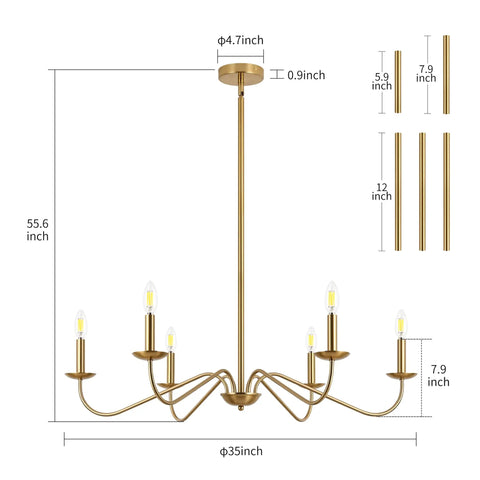 Diagram showing Six-Light Brushed Brass Chandelier For Dining Room, 35-Inch Wide Over Table Fixture with measurements and rods.
