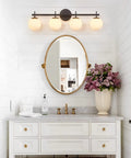 4 Light Vanity Fixture In Black Gold Finish With Milky Frosted Glass Shades, Dope Modern Globe Over Mirror Lighting With G9 Socket