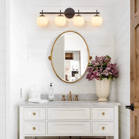 4 Light Vanity Fixture In Black Gold Finish With Milky Frosted Glass Shades, Dope Modern Globe Over Mirror Lighting With G9 Socket