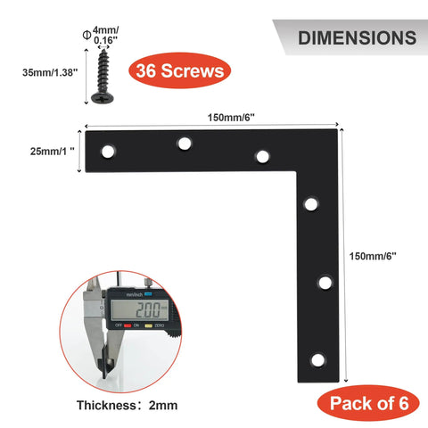 Heavy Duty Stainless Steel Beefy L Shaped Mending Plate 6x6 Inch Right Angle Corner Bracket For Wood Matte Black Finish