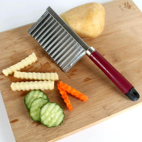 Two-pack French fry crinkle cutter set with red-handled wavy blade for potatoes and vegetables