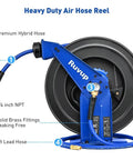 Heavy Duty Auto Retractable Air Hose Reel 3/8X75Ft Hybrid Build With 300Psi Max Pressure showing premium hybrid hose and solid brass fittings.