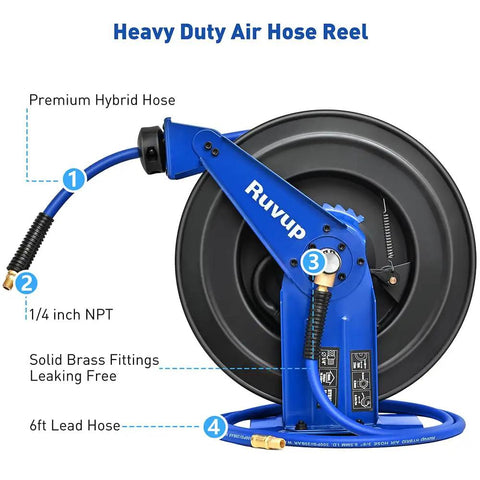 Heavy Duty Auto Retractable Air Hose Reel 3/8X75Ft Hybrid Build With 300Psi Max Pressure showing premium hybrid hose and solid brass fittings.