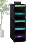 Kids Five Shelf Hanging Closet Organizer With Weekday Dividers Slick Storage Rack For Grab And Go Style. Black fabric with colored weekday labels.