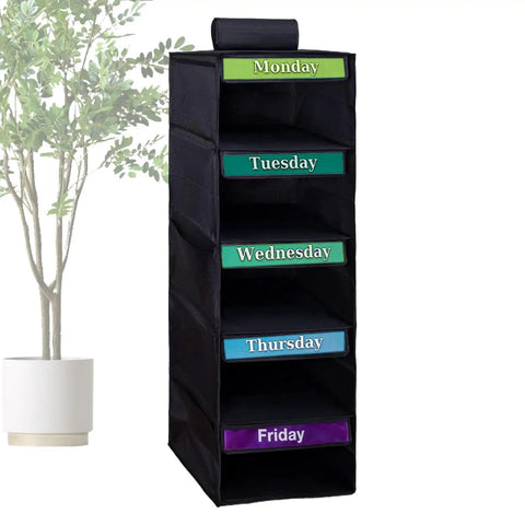 Kids Five Shelf Hanging Closet Organizer With Weekday Dividers Slick Storage Rack For Grab And Go Style. Black fabric with colored weekday labels.