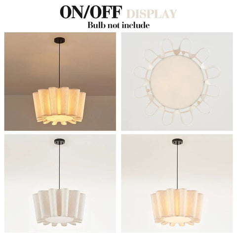 Modern pendant light with translucent shade displaying warm glow, shown in on/off states; bulb not included.
