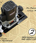 Seven Functions In One Jig Router Base Kit in use showing circular cutting on wood surface with precise adjustments visible.