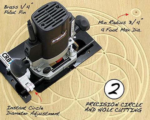 Seven Functions In One Jig Router Base Kit in use showing circular cutting on wood surface with precise adjustments visible.