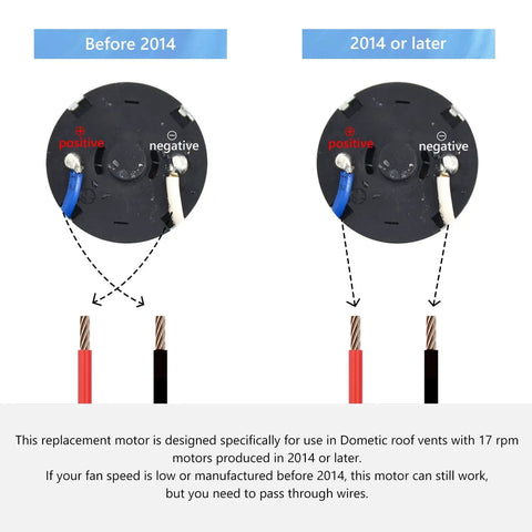 Diagram showing K6010-81 OEM Roof Vent Lift Motor wiring for Dometic Fan-Tastic B Series before and after 2014 models.