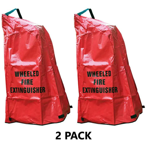 Heavy Hitter 2 Pack Wheeled Fire Extinguisher Covers Fits 100 To 150 Lb Units in red fabric with handle, designed for outdoor use.