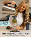 Woman using BPA-Free Reusable Oil And Butter Filter Press With Plunger And Brush to strain oil into jar in kitchen.