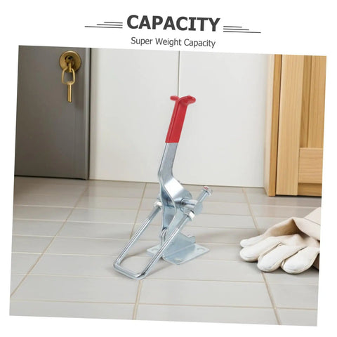 Premium Heavy Duty Toggle Latch Clamp With Adjustable Galvanized Iron Quick Release Lock For Tool Boxes And Jigs Featuring Insane 2183lbs Holding Capacity showing silver clamp standing on tile floor.